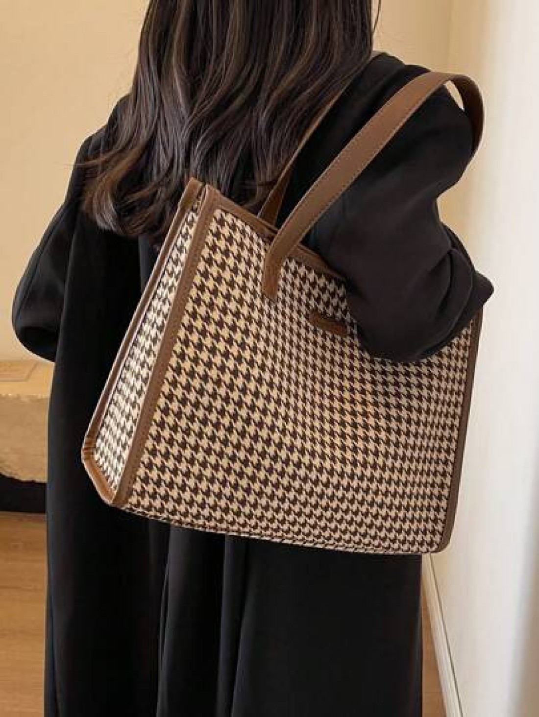 Houndstooth Pattern Large Tote Bag For Women Stylish Simple Design Versatile For Commuting And Going Out Shoulder BagSchool Bag Back To School Backpack Large Capacity Lightweight Portable Business Cas