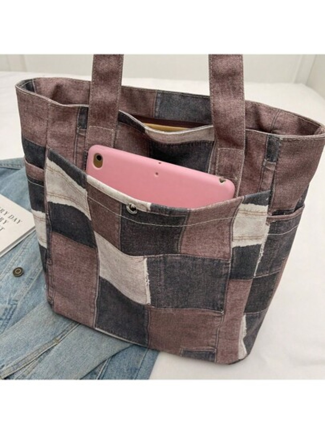 Canvas Denim Printed Tote Bag Multi Pockets Shoulder Handbag Fashion Denim Backpack For Women