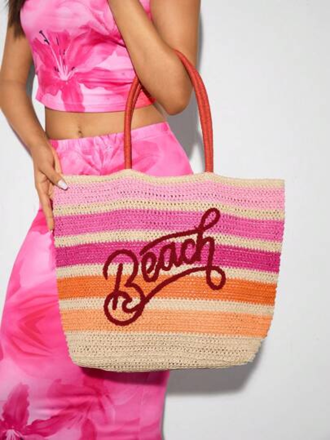 SHEIN BAE Casual Holiday Colorblock Striped Letter Embroidery Tote Bag