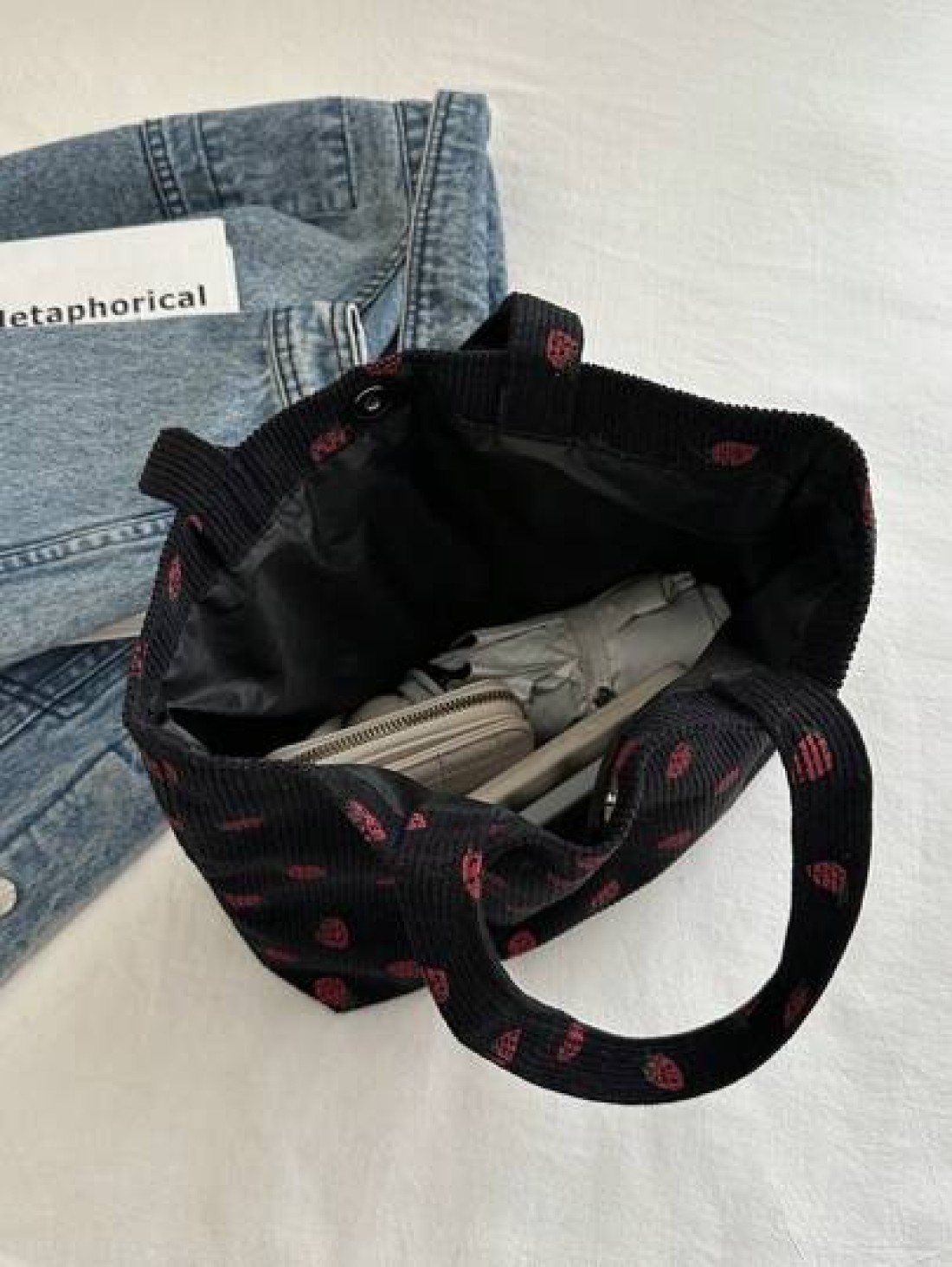 Fashionable Strawberry Print Tote Bag Large Capacity All Match Corduroy Material Shoulder Women s Bag Cute Strawberry Purse
