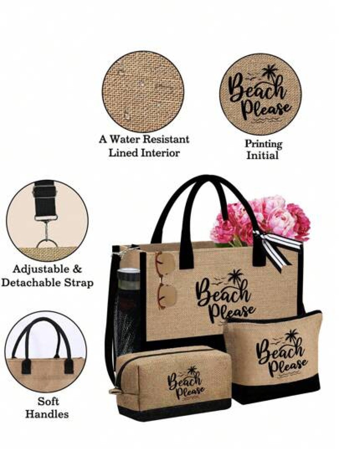 Beach Themed Beach Tote Bag Set For Women Printed With Artistic Letters Beach Beach And Coconut Tree Pattern Large Capacity Handbag And Two Makeup Bags