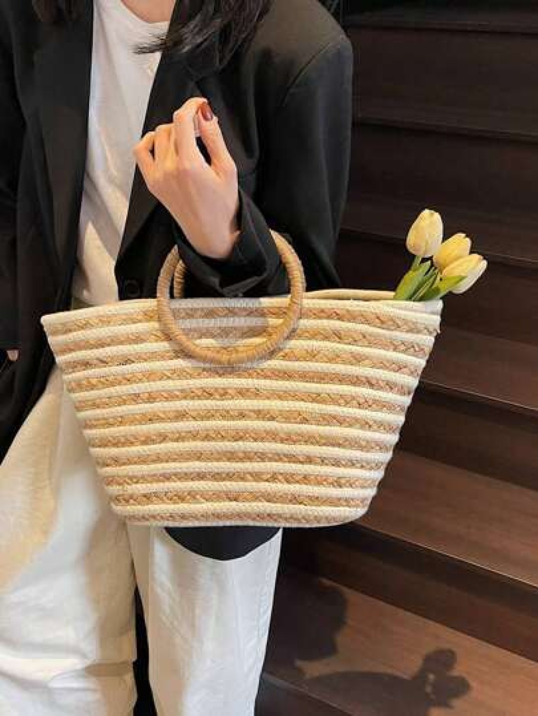 New Straw Tote Bag Large Capacity Women Casual Versatile Handbag Shopper Bag Striped Round Handle Beach Bag For Vacation Travel