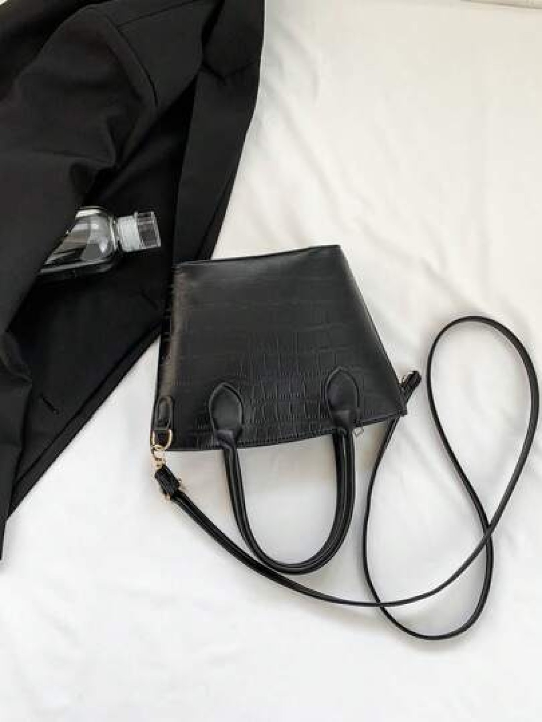 1pc Embossed Faux Leather Black Bucket Bag With Double Top Handles Adjustable Shoulder Strap And Zipper Closure Fashionable Crossbody Or Hand Bag For Women s Daily Use Work Or Shopping