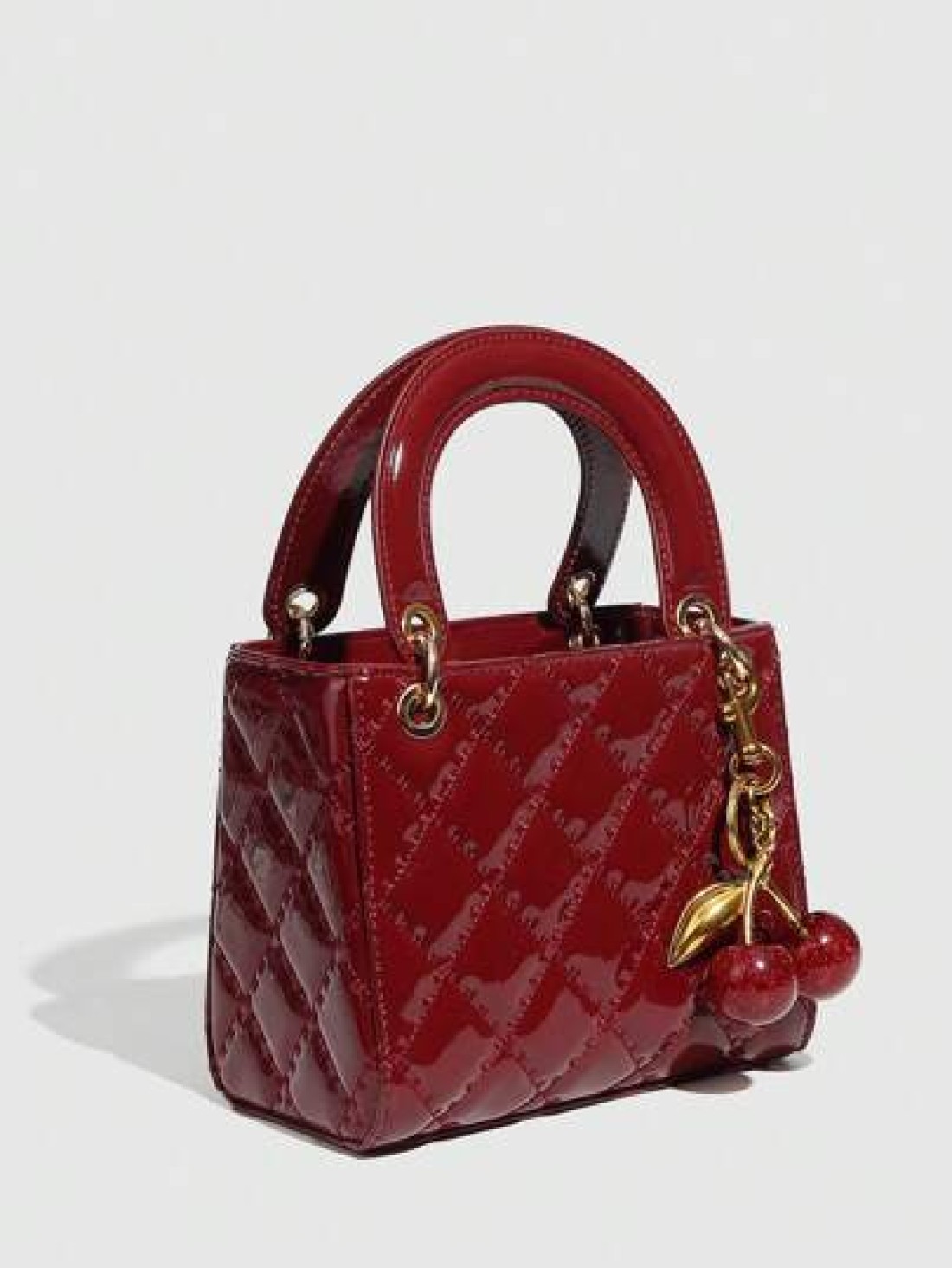 1pc PU Leather Handbag Wine Red Bag Versatile Patent Leather Quilted Tote Bag Structured Small Bag Fashionable Shoulder Crossbody Bag Geometric Pattern Purse