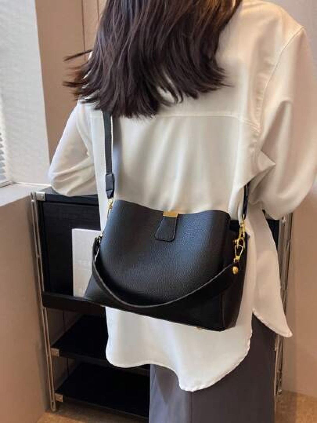 Fashion Elegant Solid Color Wide Strap PU Women Tote Bag With Shoulder Strap