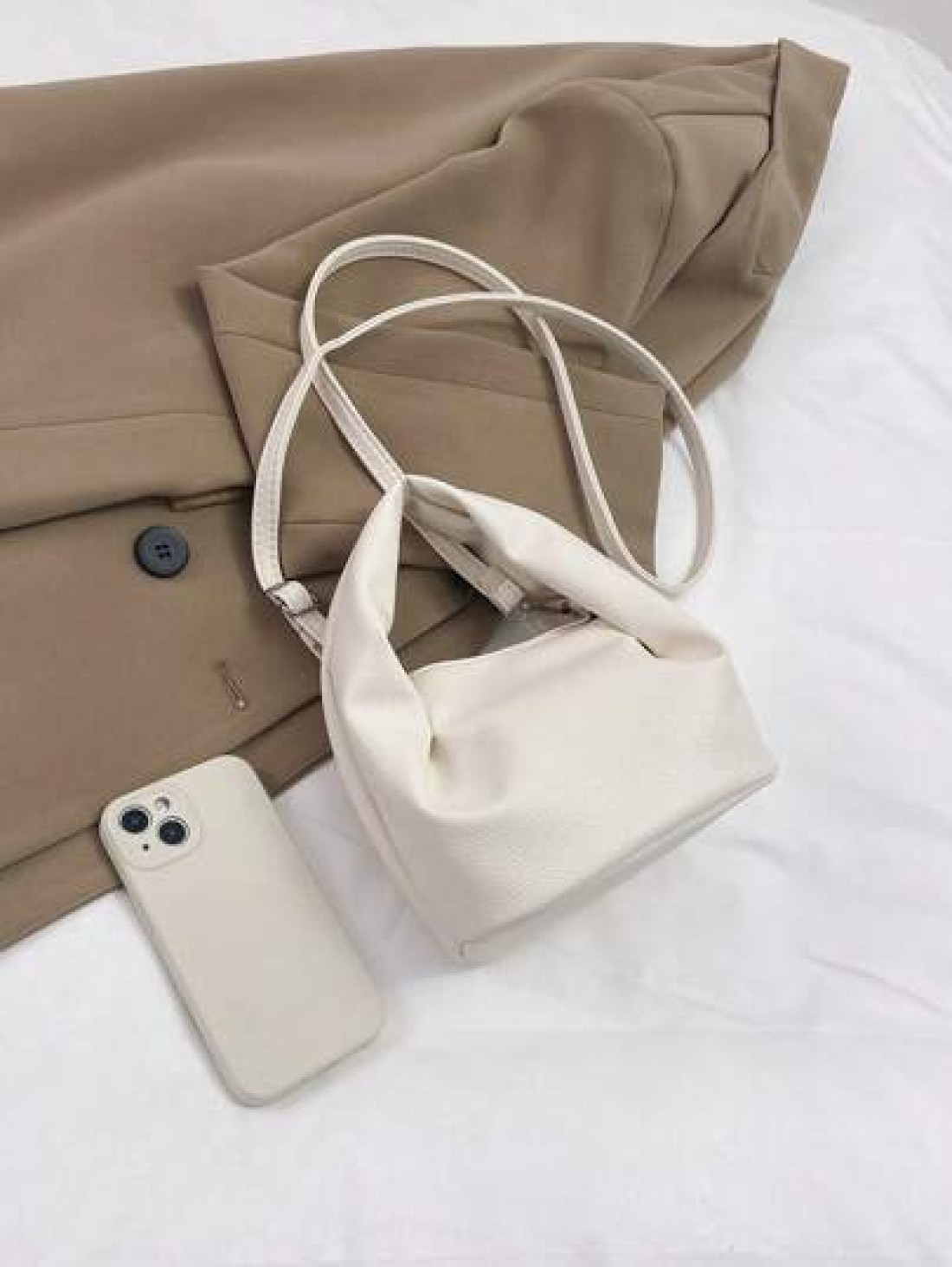 Mini Bucket Bag PU Litchi Embossed White Elegant