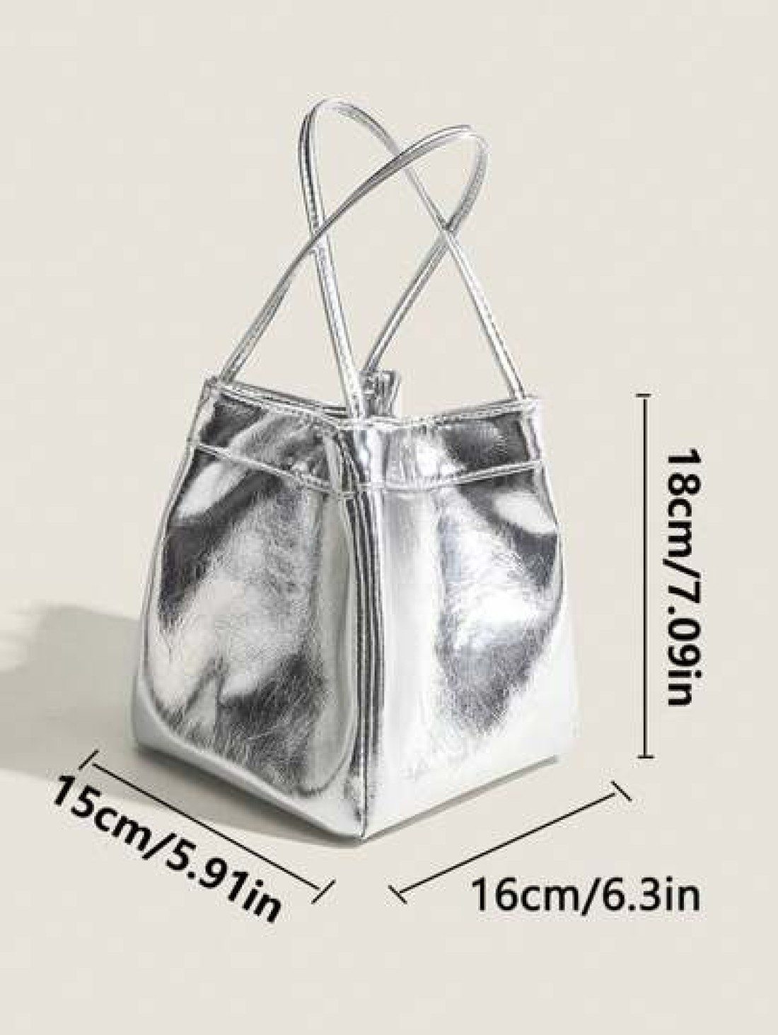 2025 Spring Summer New Silver Color Lunch Box Tote Bag Women s Commute Shiny Mirror Handbag Fashionable Simple Silver PU Leather Bucket Bag Casual Lightweight Solid Color Handbag