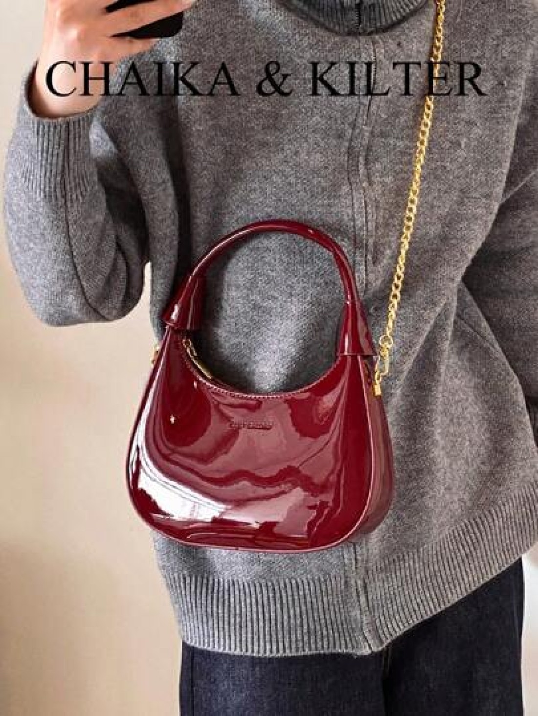 1pc CHAIKA KILTER Women Glossy PU Leather Tote Bag Fashionable Crescent Shaped Armpit Bag With Detachable Metal Chain Zipper Closure Suitable For Daily And Outdoor Use