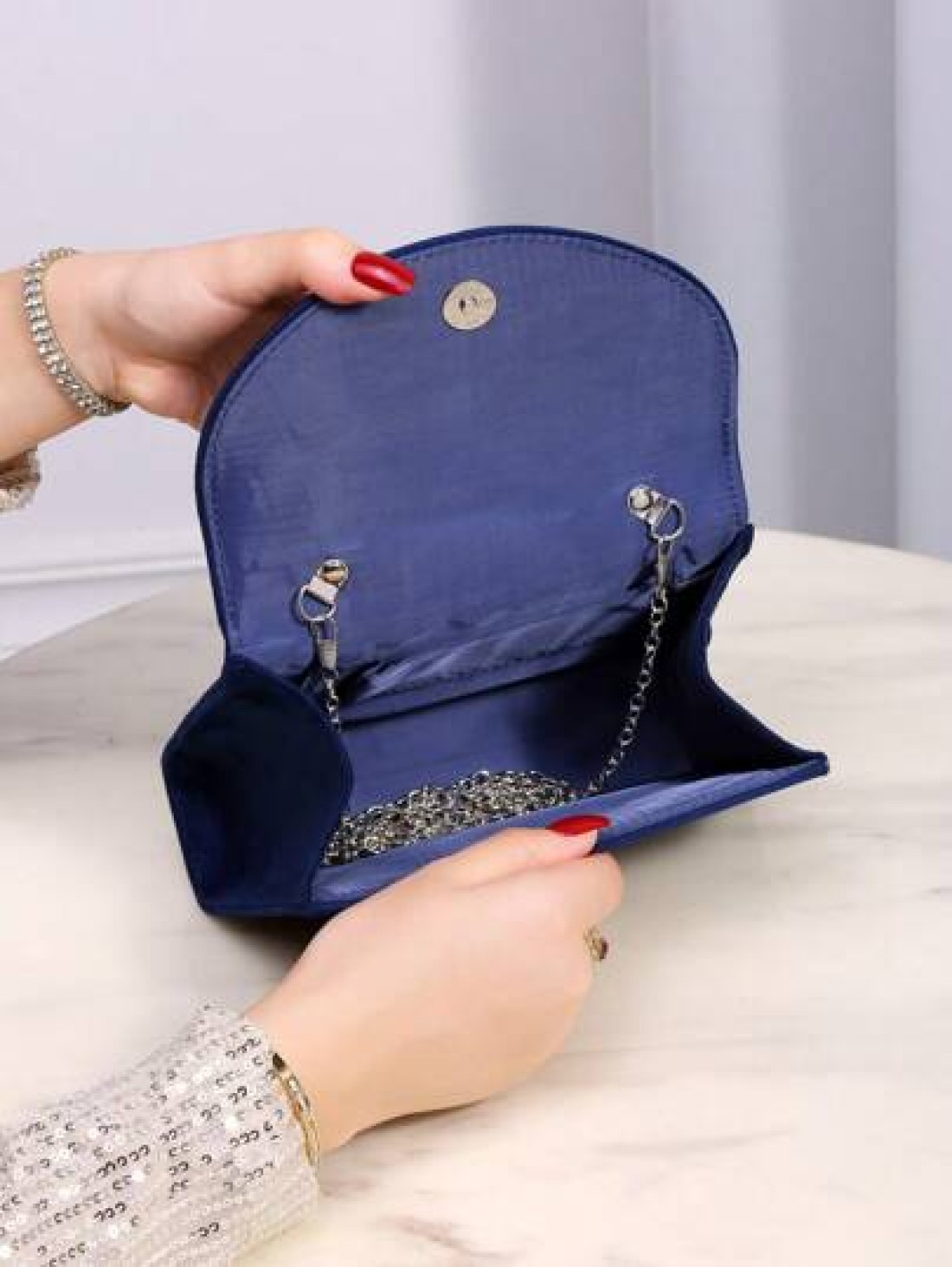 Elegant And Fashion Navy Blue Corduroy Handbag Wrist Pleated Magnetic Closure Flap Cover Evening Bag Suitable For Ladies Daily Use Birthday Party And Wedding Ball Chain Bag Best Birthday And Valentine