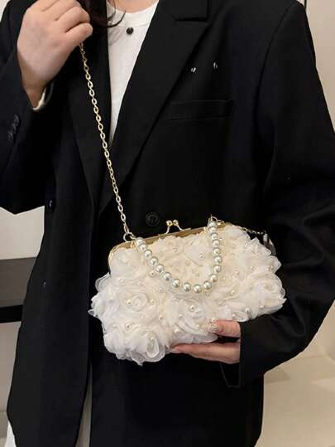 1pc White Romantic Wedding Season 2025 Spring Summer Pearl Net Yarn Flower Clip Pearls Handbag Ladies High End Luxurious Dress Evening Bag Bridal Bag For Wedding Party Banquet Elegant Pearl Bag Exquis
