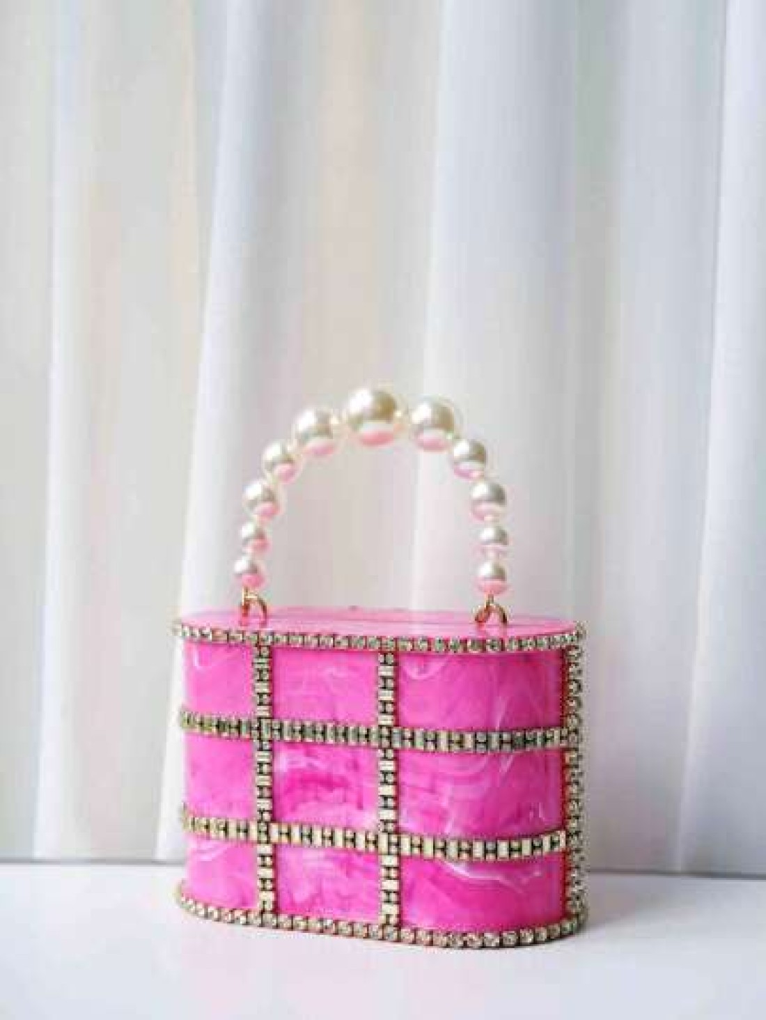 1pc Rose Pink Marble Texture Rhinestoned Pearl Party Clutch Bag With Chain Strap Luxury Evening Bag Suitable For Wedding Gala
