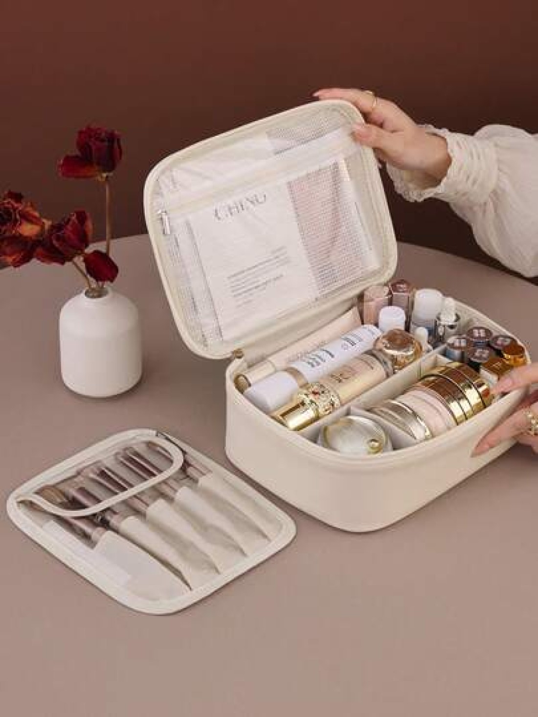 1pc Detachable Multi Layer Divided Makeup Bag Large Capacity Portable PU Waterproof Cosmetic Case Removable Makeup Brush Bag Lipstick And Skincare Products Travel Organizer Pouch Makeup Travel Toiletr