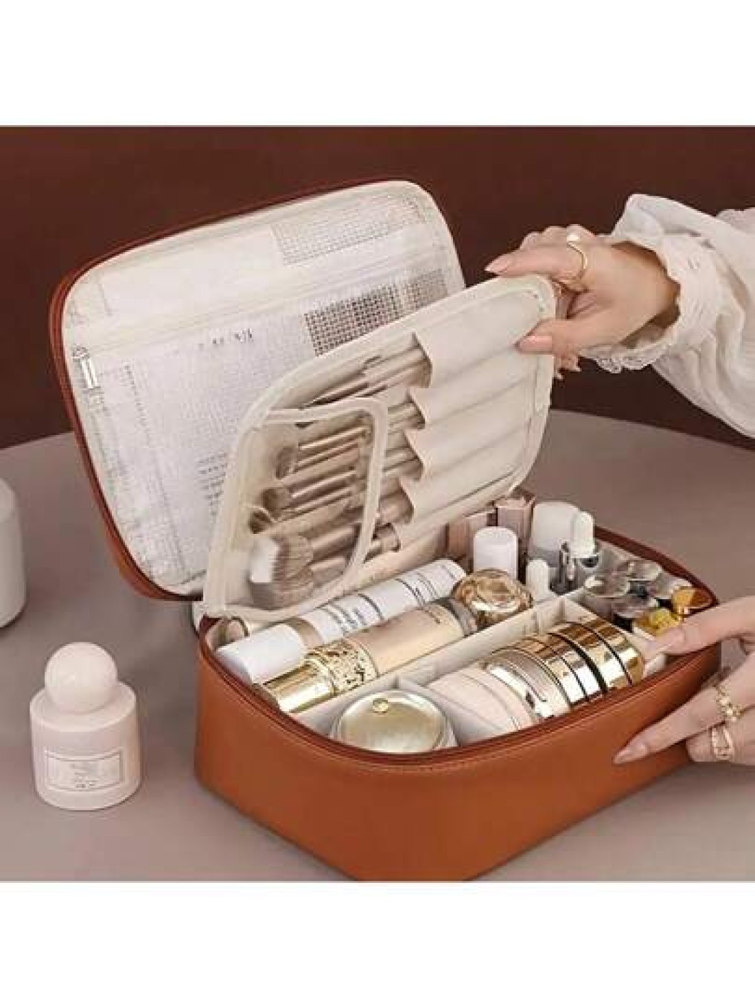 Multi Layer Large Capacity Removable Makeup Bag Faux Leather Travel Cosmetic Storage Box With Brush Holder Portable Unisex Beauty Essentials Case Non Alcoholic Cosmetics Organizer Solution Elegant Des