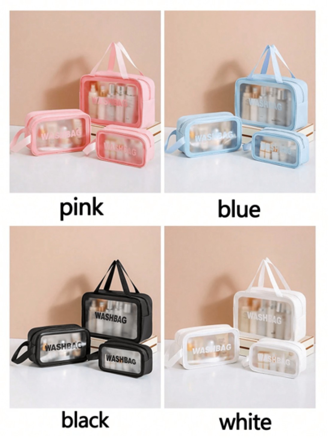 1 3pcs Set Travel Makeup Bags Portable Toiletry Bag Letter Printed Cosmetic Pouch Clear PVC Makeup Case Shower Swimming Storage Bag Large Capacity Travel Cosmetic Bag Toiletry Bag Beach Bathroom Tote