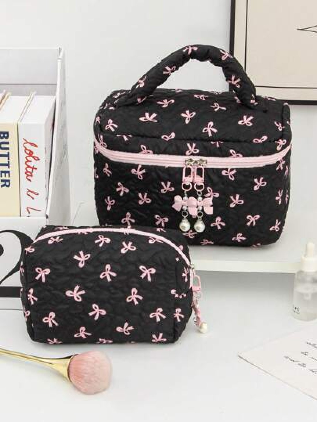 Floral Bow Decor Makeup Bag Fabric Print Zipper Pouch Sweet Style Toiletry Bag Cosmetic Bag For Home Travel Daily Use Women Makeup Organizer Makeup Storage Bag Mini Pouch Travel Small Makeup Case Acce