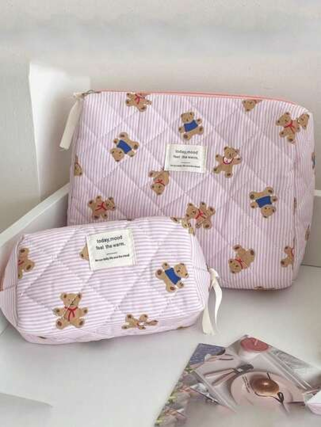 1Pc Set Cute Pink Bear Pattern Large Capacity Multifunctional Cosmetic Bag Makeup Bag Girls Make Up Bag Back To School Wallet Pouch Portable Cosmetics Brush Clutch With Zipper Closure For Lipstick Mom