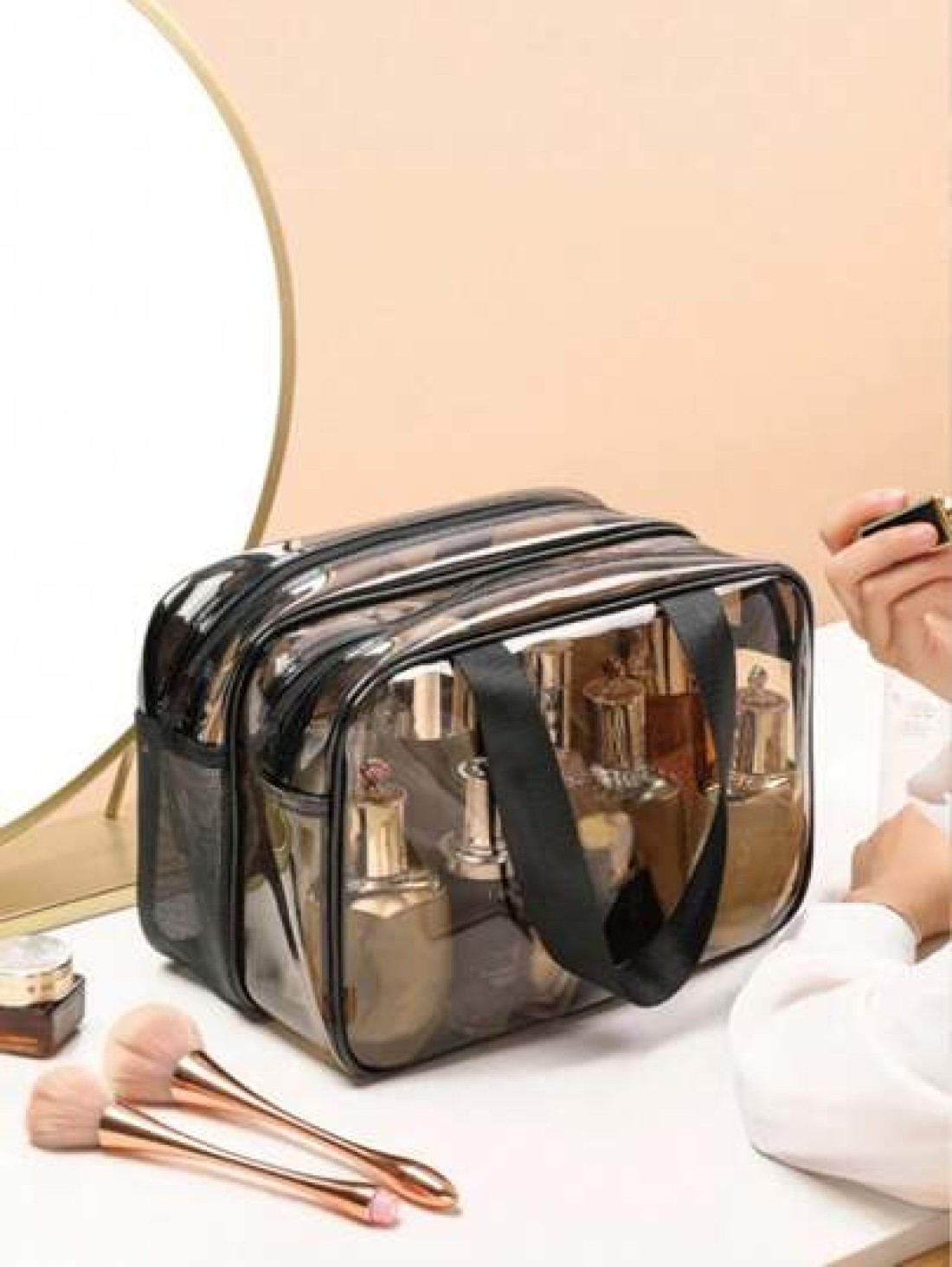 1pc Double Layer Clear Travel Toiletry Bag Large Capacity Handheld Makeup Organizer Pouch Zipper Mesh Pockets For Cosmetics Skincare Toiletries Jewelry And More Ideal Gift For Mother s Day Valentine s