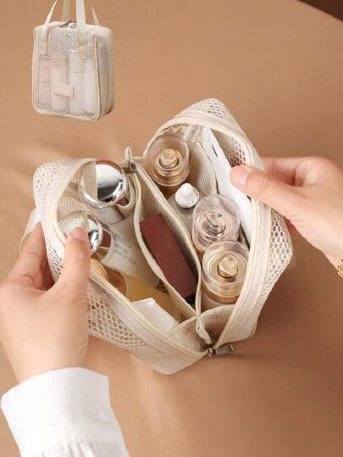 1pc Large Capacity Ivory Mesh Makeup Bag Portable Travel Toiletry Bag Multi Functional Storage Pouch Zipper Bag Travel Bag For Cosmetics Skincare Phones Jewelry And Small Items Gift Vacation Multiple