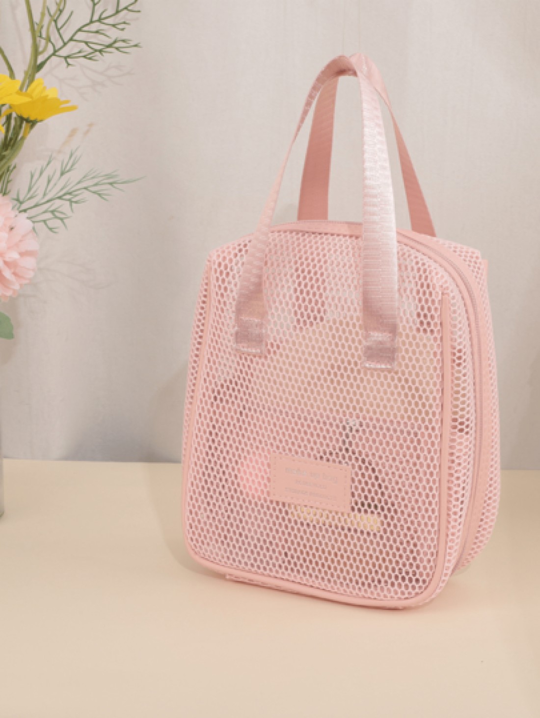 1pc Large Capacity Pink Mesh Makeup Bag Portable Travel Toiletry Organizer Multi Functional Storage Pouch Zipper Bag Travel Bag For Cosmetics Skincare Phone Jewelry Small Items Gift Holiday Use Availa