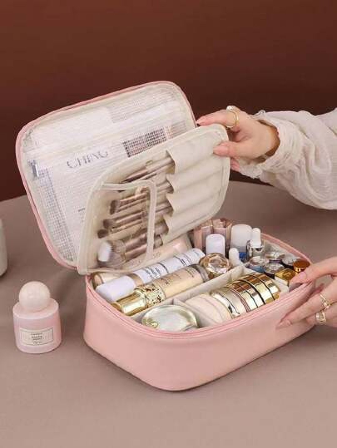 1pc Multifunctional PVC Makeup Bag Summer Travel Cosmetic Organizer Bag Waterproof Bathroom Storage Pouch For Skincare Makeup Brushes Eyeshadow Palette Compact Powder Lotion Lipstick Jewelry Bridesmai