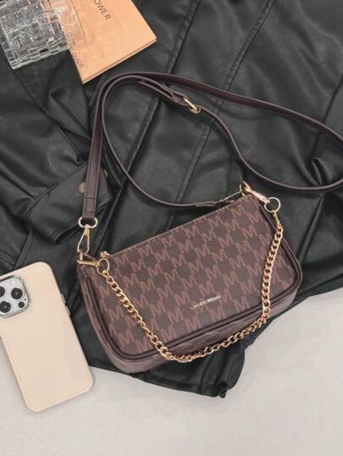 In 2024 The New Fashion Classic Joker Pu Waterproof Fabric Letter Pattern Printing Design Metal Chain Decoration Design Baguette Bag Shoulder Bag Is Suitable For Shopping
