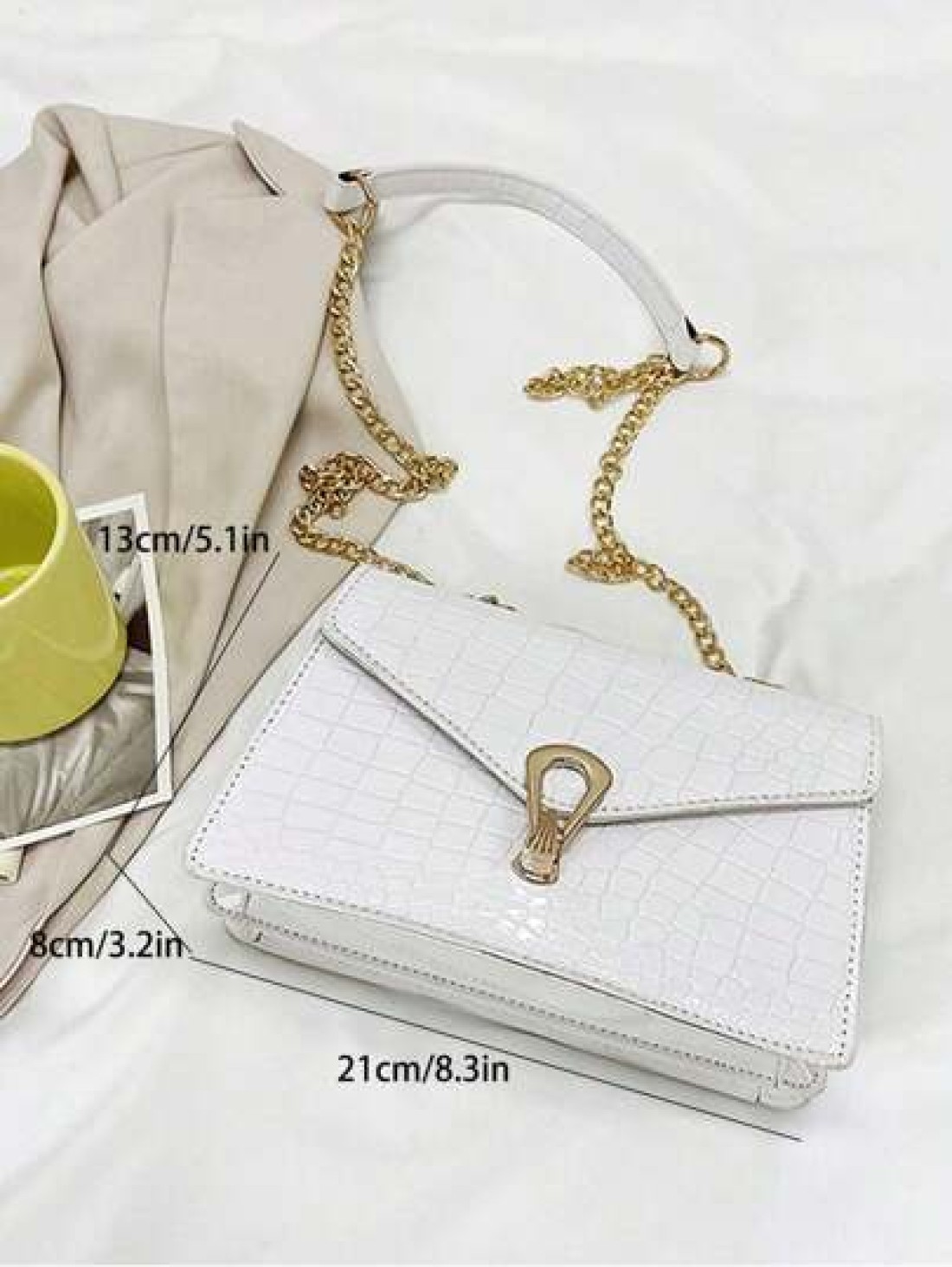 Crocodile Embossed Flap Chain Square Bag Lightweight Business Casual Small PU Leather Solid Color Square Shoulder Bag Perfect Sling Bag For Daily Use For Teen Girls Women College Students Rookies Whit