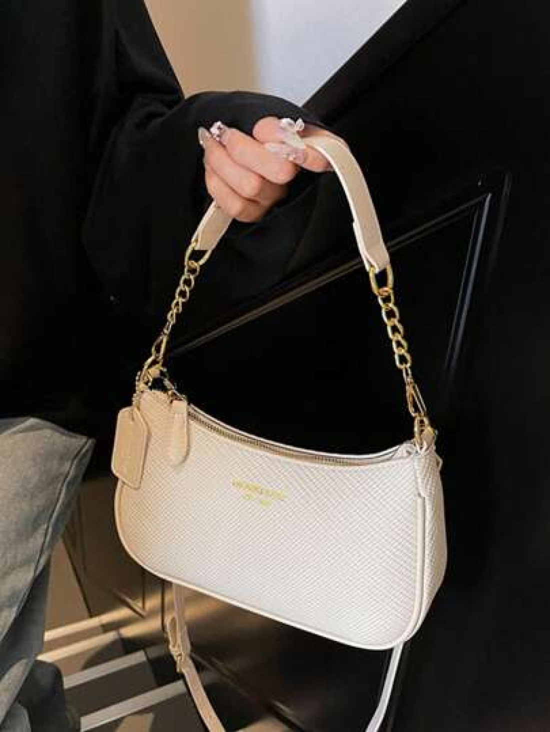 New Stylish Elegant Solid Color PU Underarm Bag With Metal Chain Handle For Women