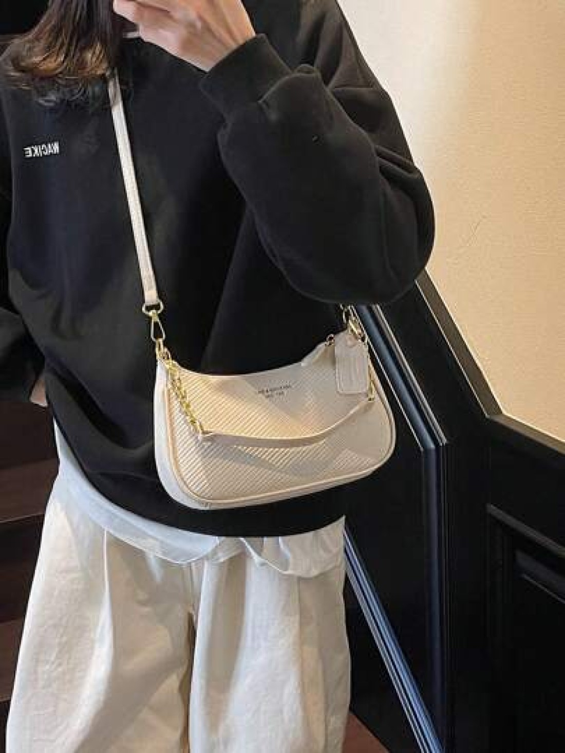 New Elegant Solid Color PU Underarm Bag Metal Chain Handle Women Shoulder Bag