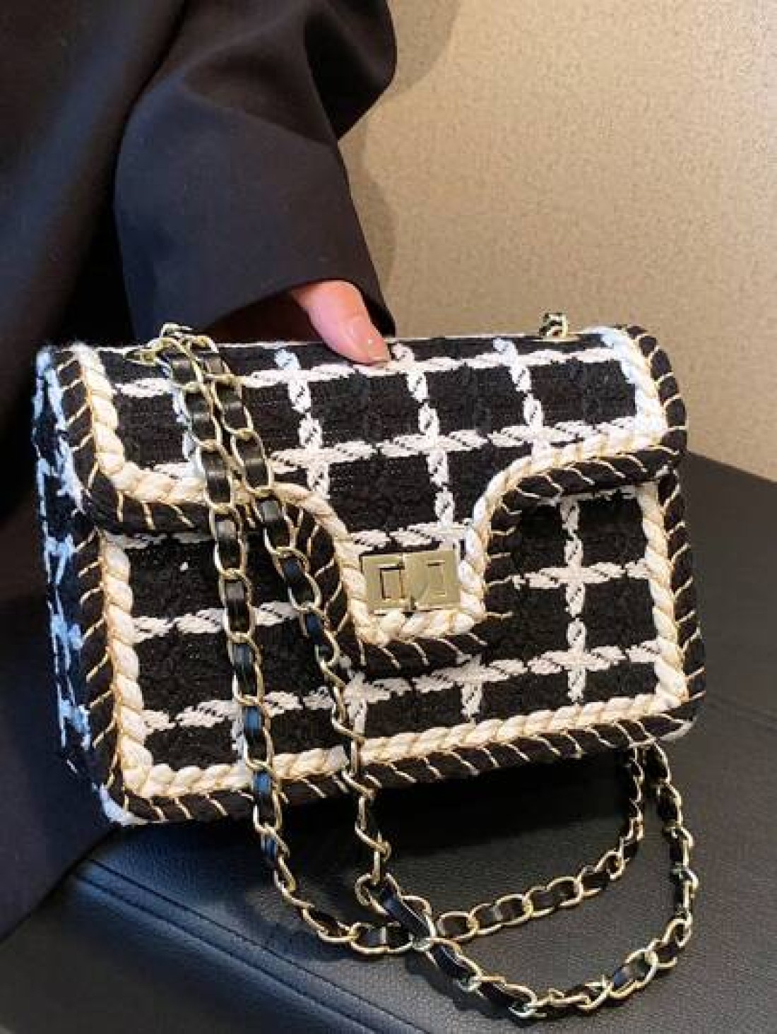 New Simple And Fashionable Black And White Plaid Woolen Single Shoulder Crossbody Small Square Bag Suitable For Women s Vacation Travel Daily Use Dating Gifts