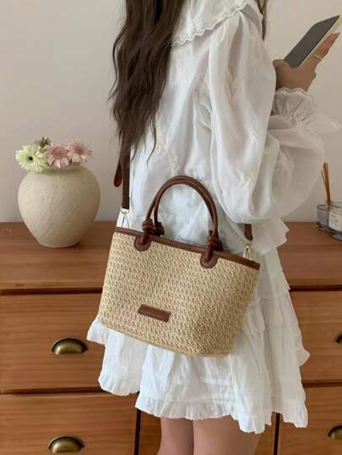 Summer Beach Vacation Straw Woven Handbag Tote Shoulder Bag Rope Knot Picnic Basket Bag Fashion For Women Girls Going Out Shopping Gift