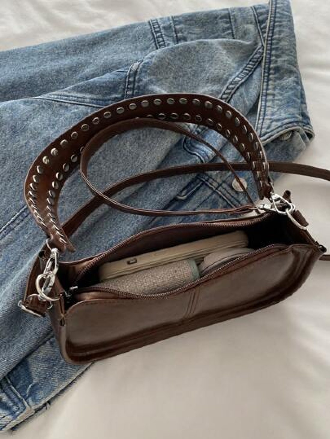 Fashionable Retro Rectangular Handbag Women s Rivet Decor Underarm Tote Bag Classic Zipper Shoulder Bag