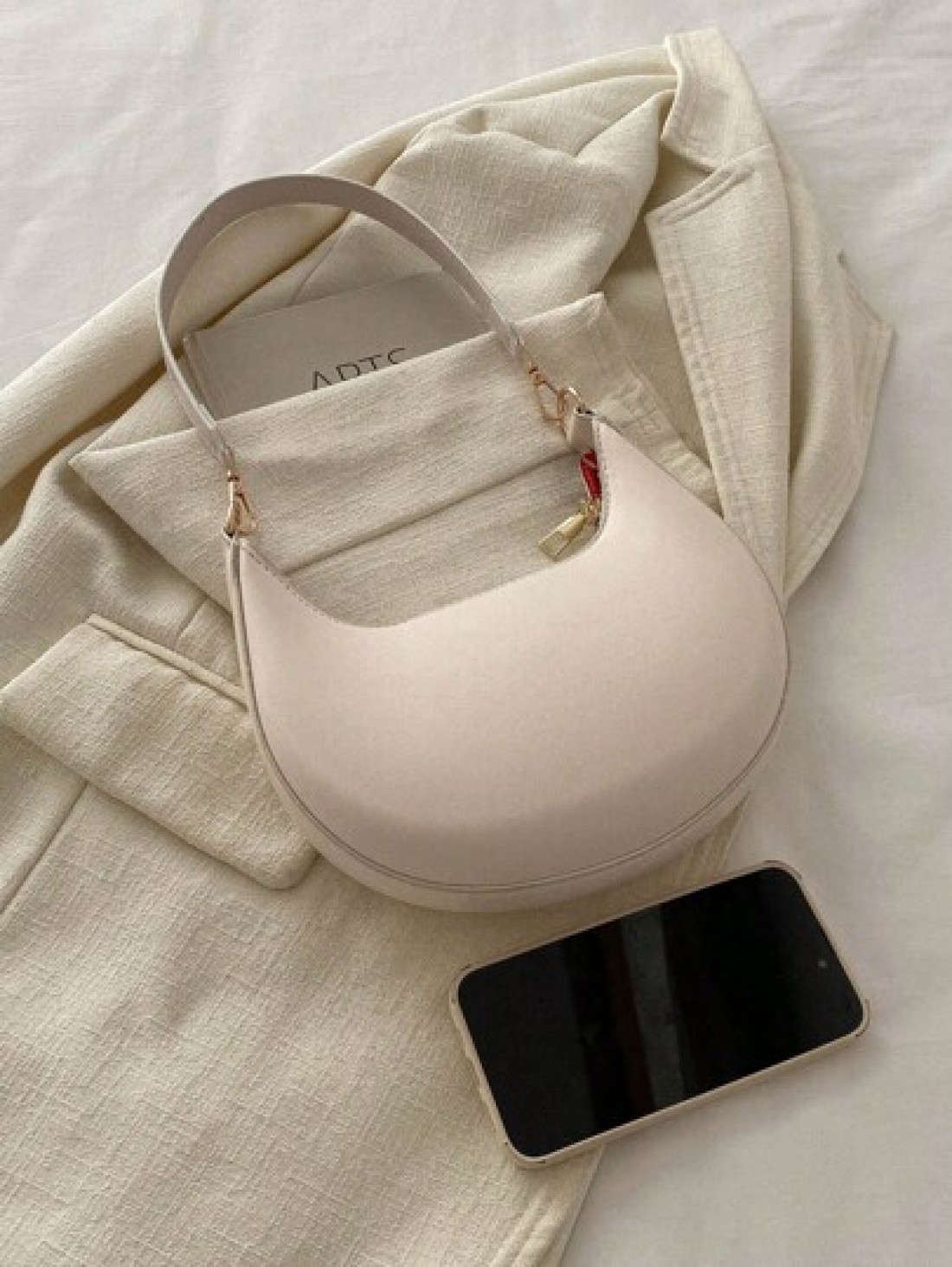 1pc Zipper Closure PU Solid Color Crescent Armpit Bag Fashionable Retro Office Work Shoulder Bag Versatile Baguette Bag