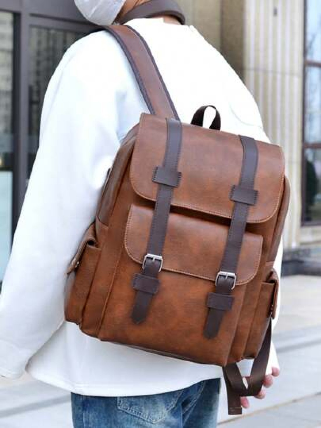 New Spring Summer Solid Color PU Material Fashion Stylish Men Backpack Business Casual Backpack Student Schoolbag Flap Style Large Capacity Multi Pocket Organizer Fits Books Documents Clothes Laptop U