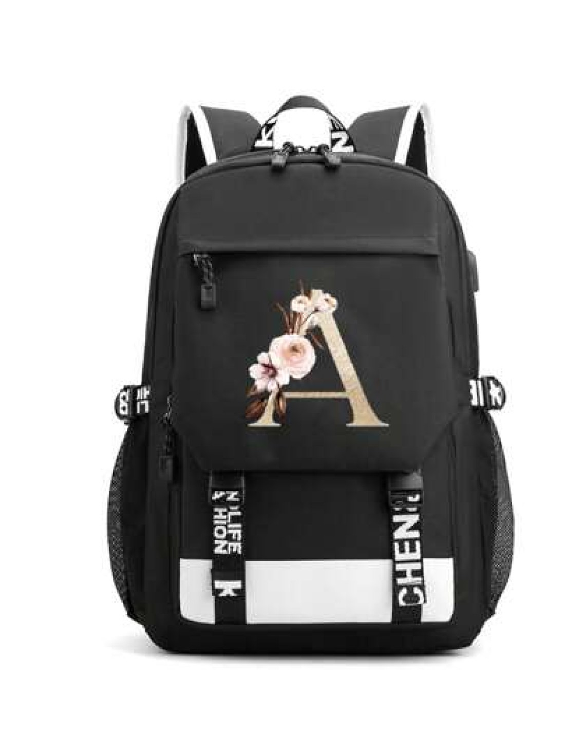 1pc Letter Printed Fashionable Functional Nylon Backpack With Extra Charging Port Suitable For Men Ideal For High School And College Students For Season Traveling And Vacation Letters From A To Z Holi