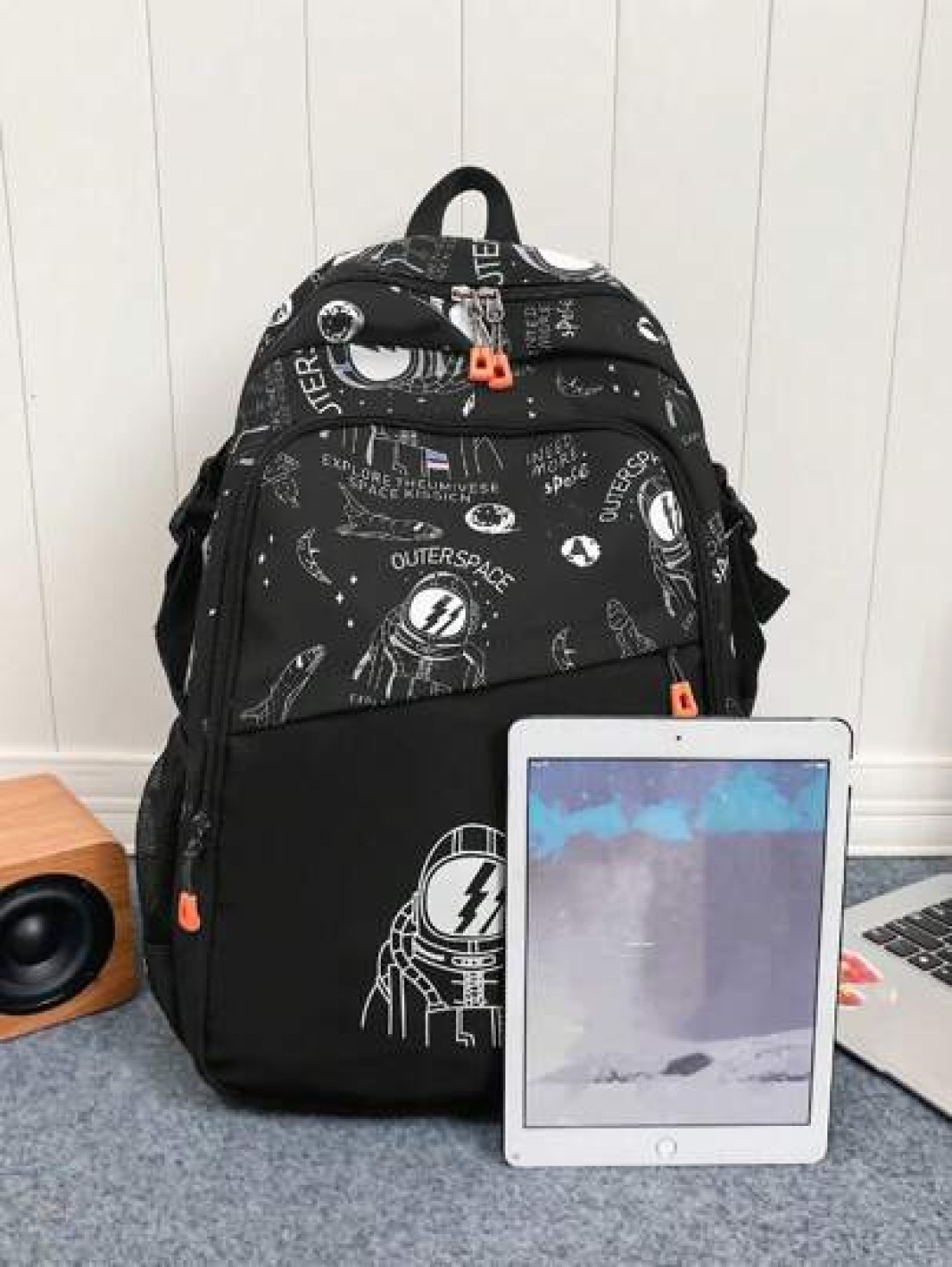 1pc Unisex Nylon Space Boy Printed Backpack With Letter Print Zip Closure Fashionable Casual Shoulder Bag For School