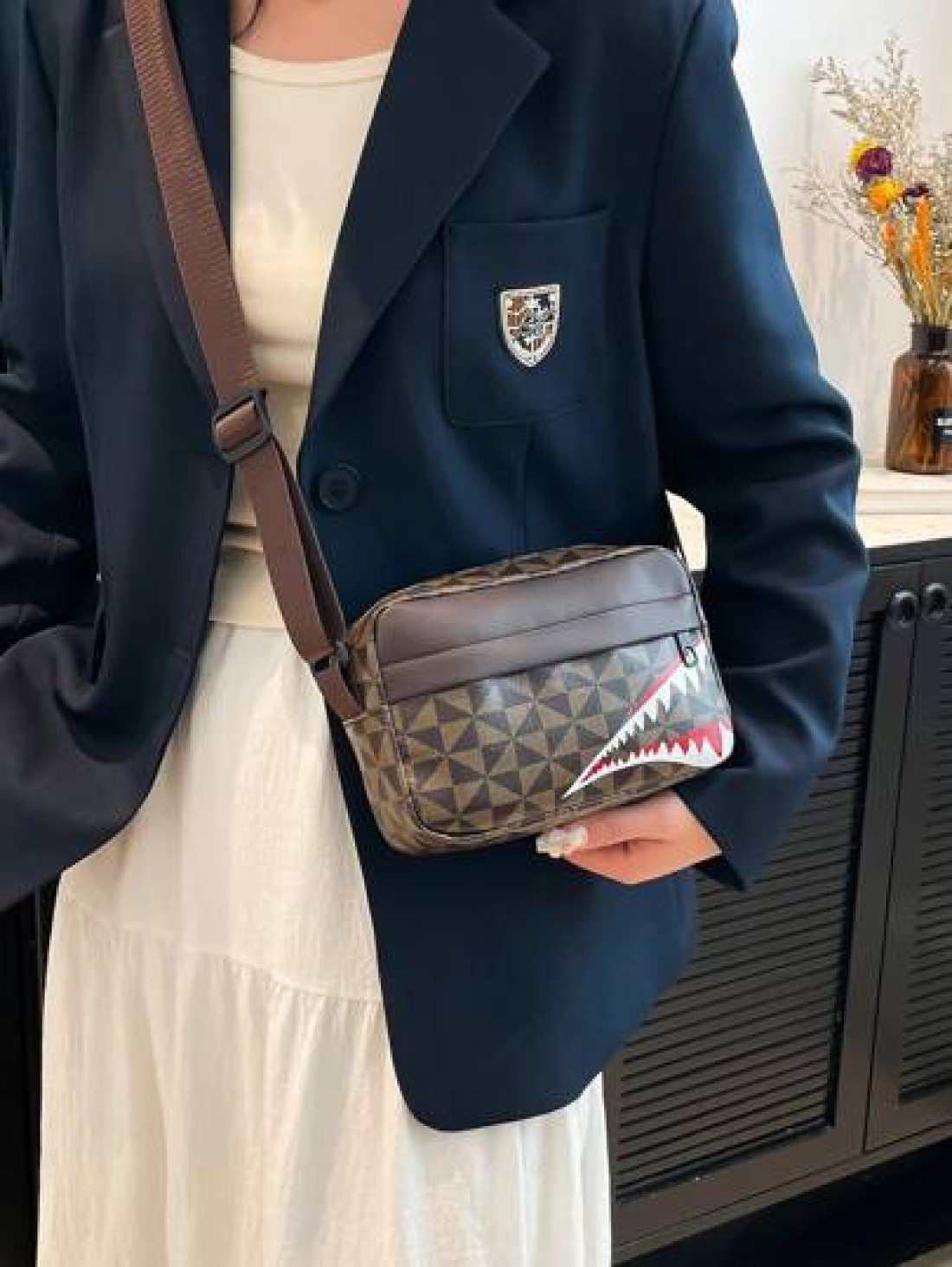 Fashionable Men s Casual Plaid Shoulder Sports Sling Bag Personality Small Square Men s Bag Business Personality Shark Mouth Anime Luxury Bags