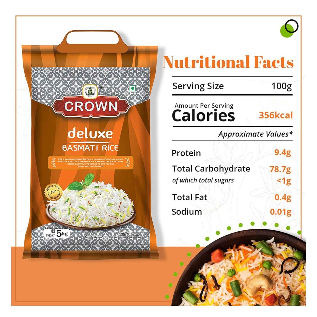 Crown Deluxe Extra Long Grain Basmati Rice, 5kg