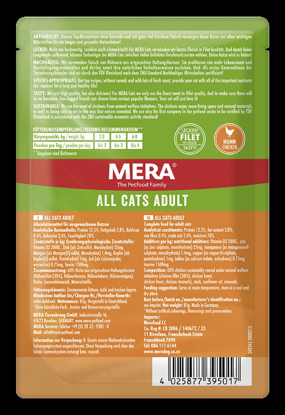 MERA All Cats Adult Wet Food &ndash; Grain-Free,Tasty &amp; Sustainable, with No Artificial Additives (12x85g, Chicken)
