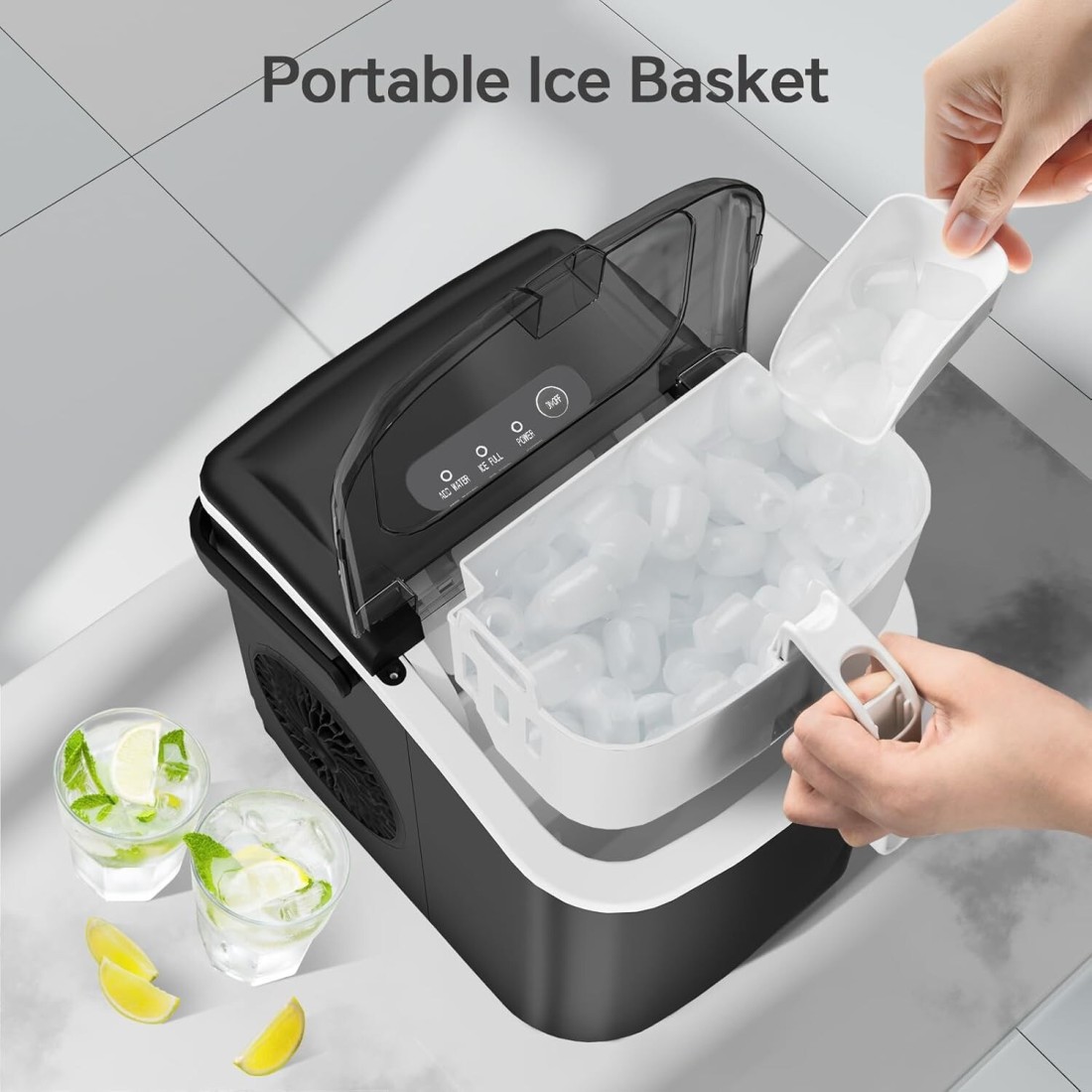 Portable Ice Maker for Countertop, 9 Ice Cubes in 6 Mins, 26lbs Ice/24H, Self-Cleaning, with Ice Spoon &amp; Basket, Ideal for Home, Kitchen, Office, Camping