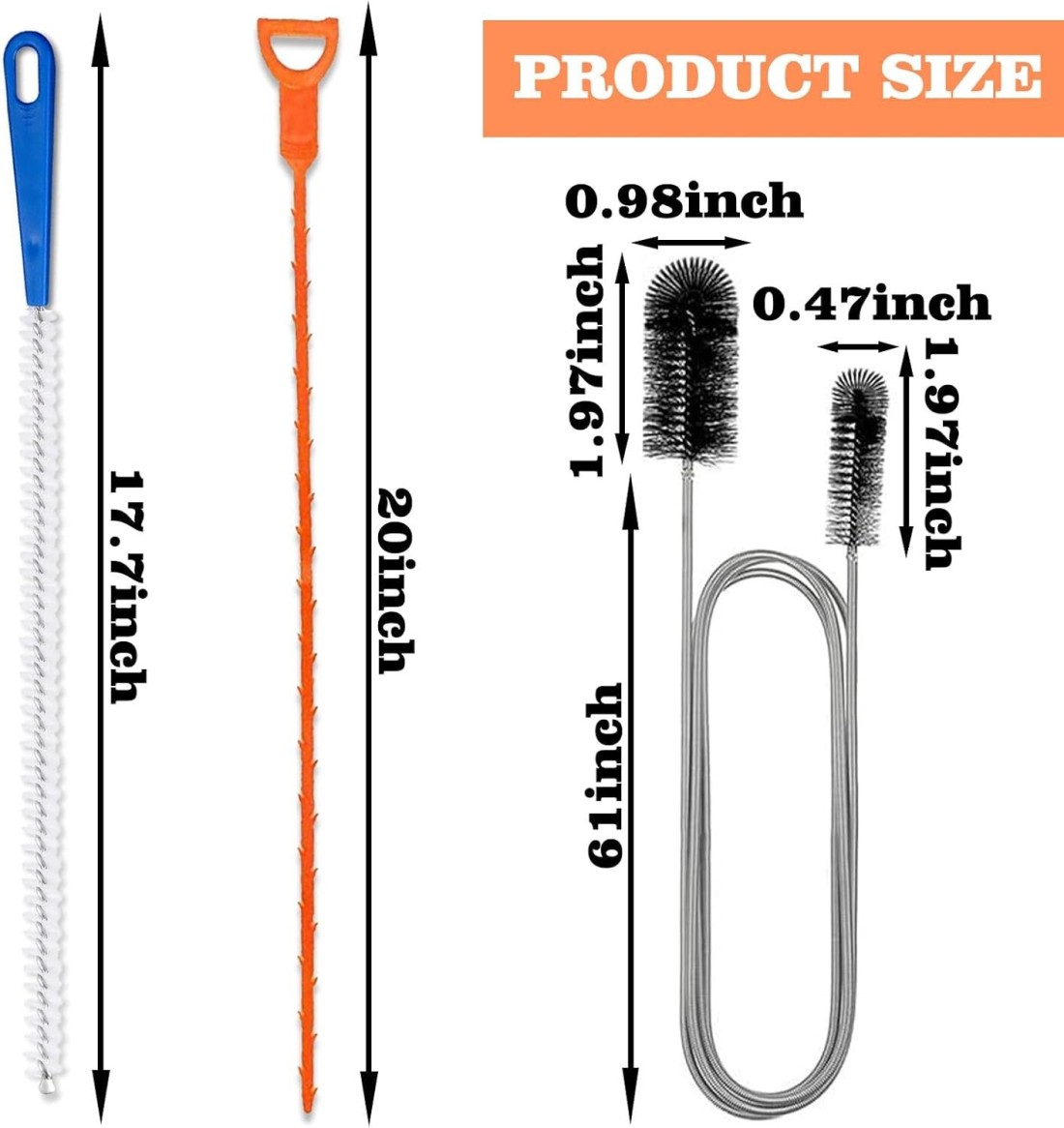 3-Piece Drain Cleaning Kit &ndash; Includes a 155cm Dual-Sided Pipe Cleaning Brush, 45cm Sink Unclogging Brush, and 50cm Hair Removal Tool for Showers, Bathrooms, and Kitchen Drains