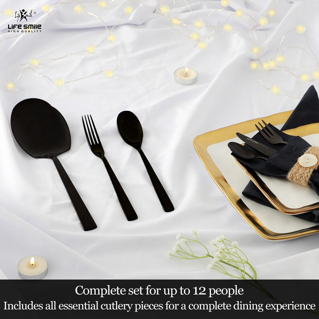 LIFE SMILE Cutlery Set, 18/10 Pure Stainless Steel Flatware Set with Stand, Rust Proof &amp; Fade Proof Dinnerware Set (SHINE BLACK, 88 Pieces)