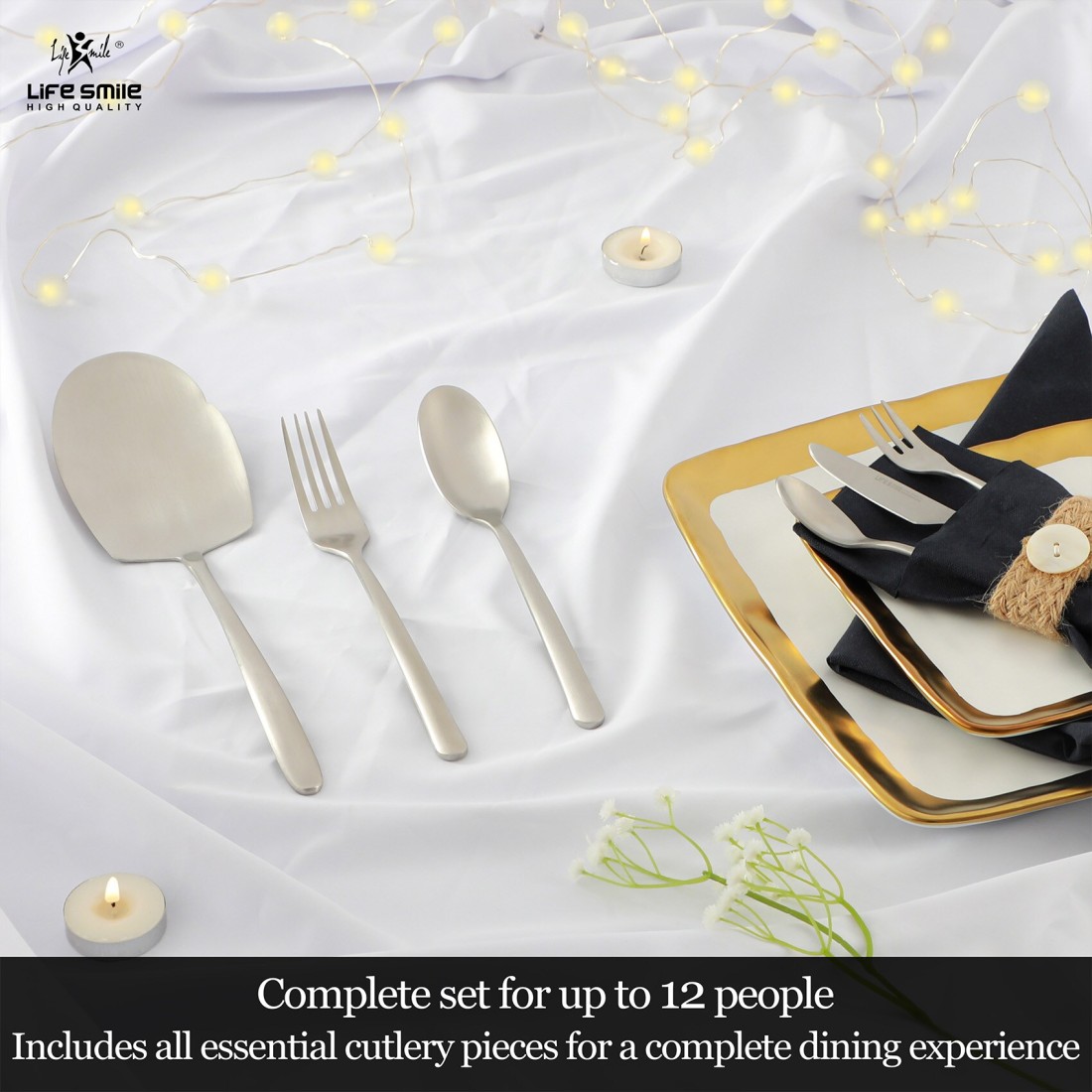 LIFE SMILE Cutlery Set, 18/10 Pure Stainless Steel Flatware Set with Stand, Rust Proof &amp; Fade Proof Dinnerware Set (MATTE SILVER, 88 Pieces)