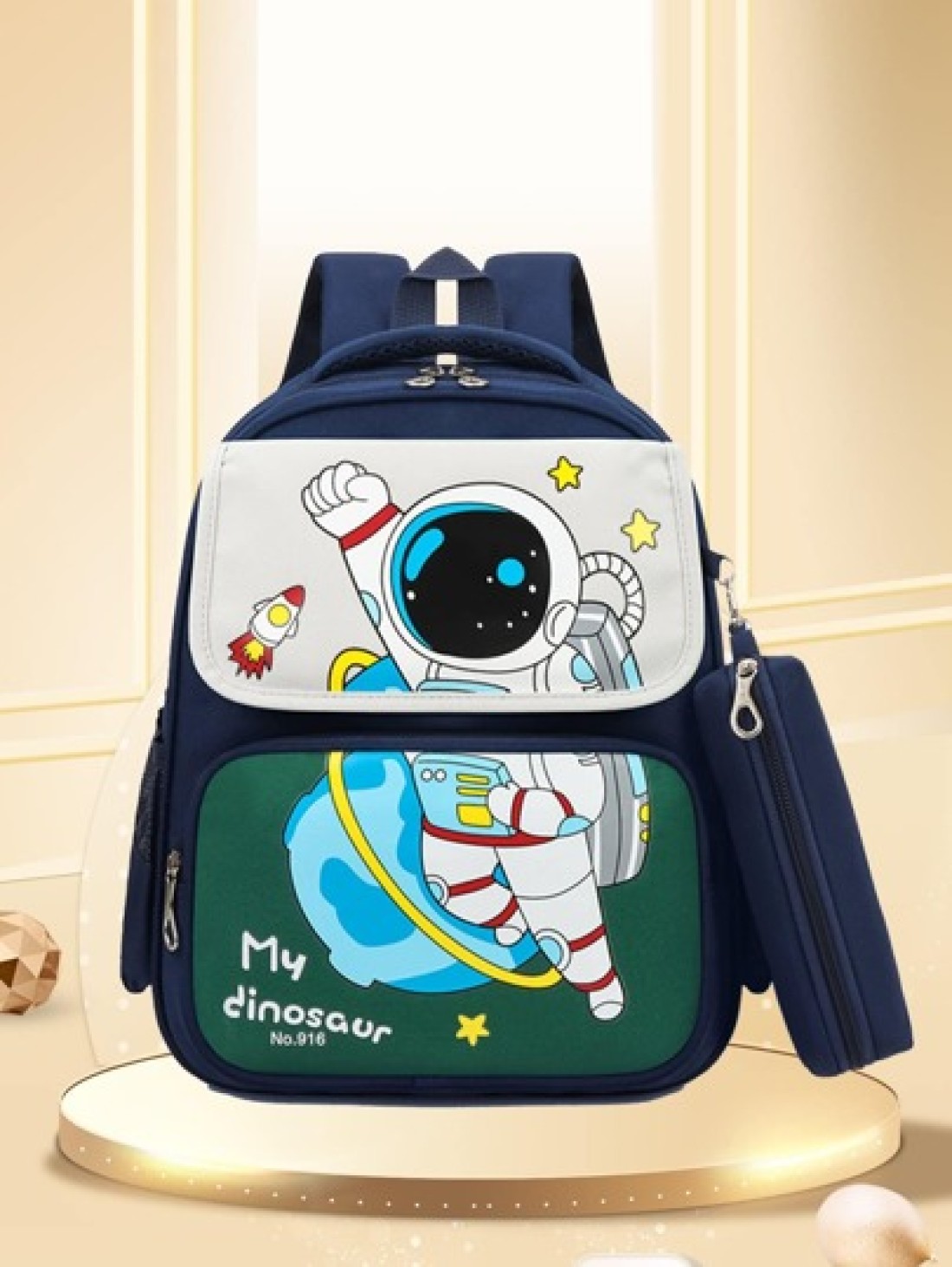 Kids 1st Grade Cartoon Cute Astronaut Backpack For Boys Navy Blue Space Man Boys Rucksack