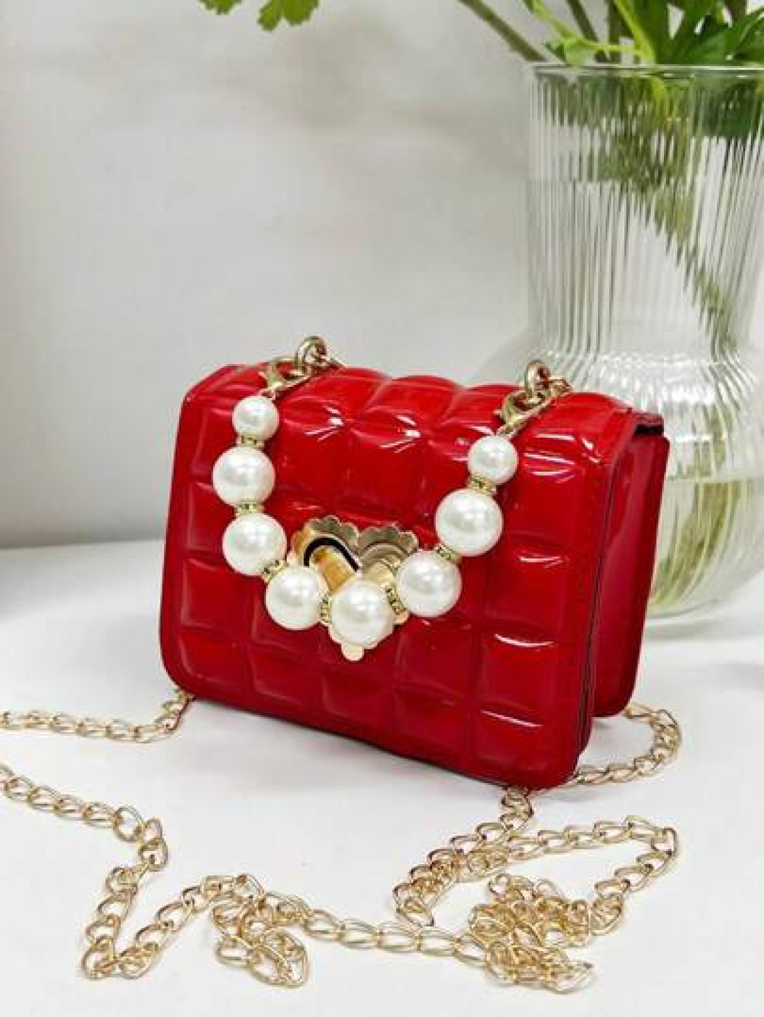 Mini Faux Pearl Decor Quilted Chain Crossbody Bag Quilted Square Bag With Faux Pearl Top Handle Chain Shoulder Purse Gift Holiday Vacation Perfect Fit Perfect For Shopping Traveling Fashionable Simple