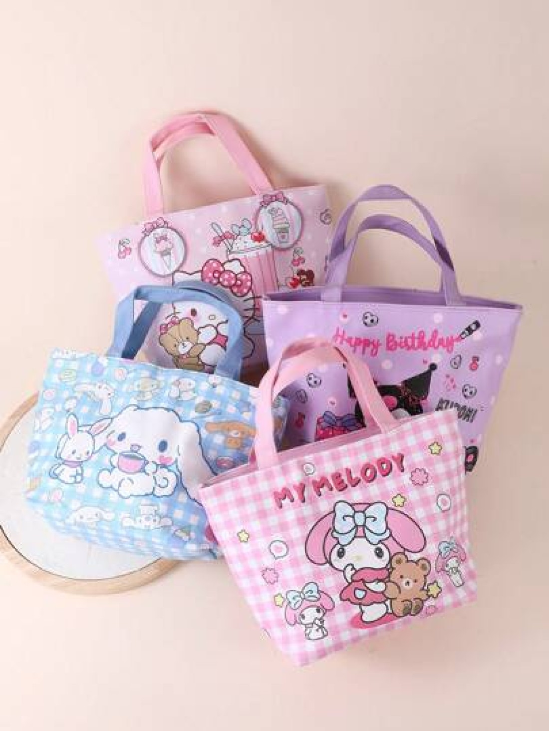Sanrio 1 حقيبة غداء عازلة للحرارة بشكل فتاة كرتونية كيوت من ساريو، حقيبة صندوق بنتو كبيرة السعة لطالب كورومي وباش