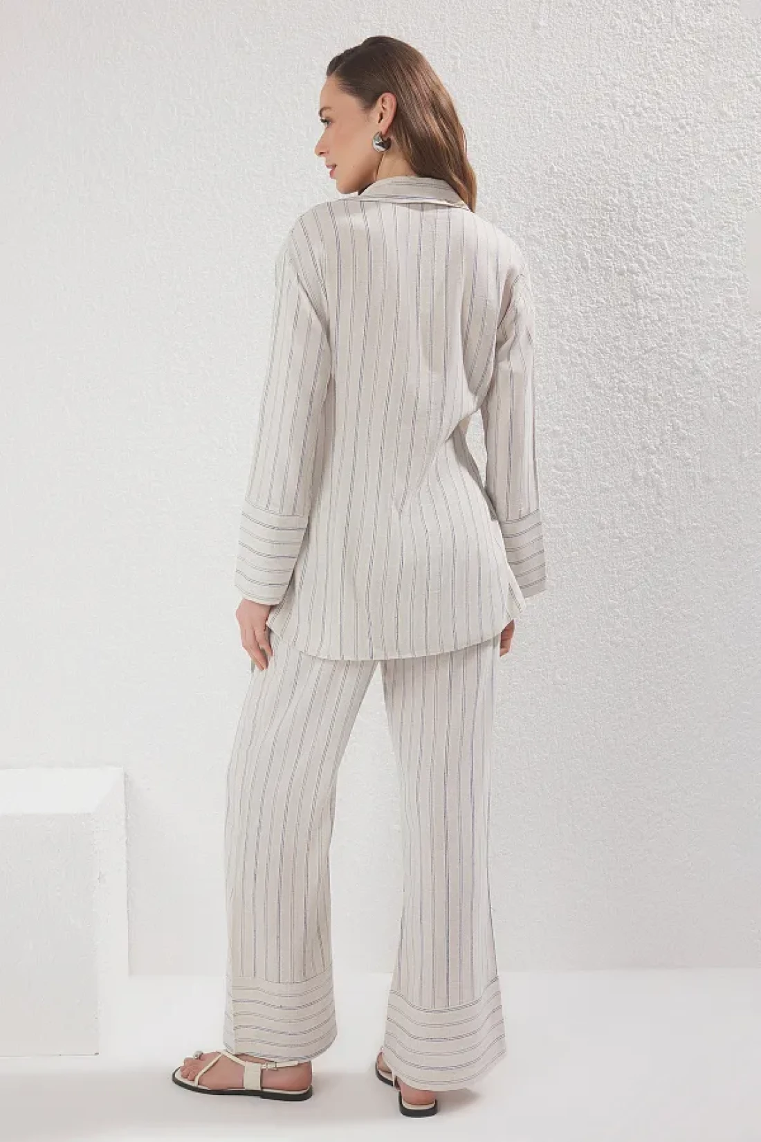 Trendyol Modest Beige Striped Linen Wrap Shirt and Pants Convergence Tctss25Us00026
