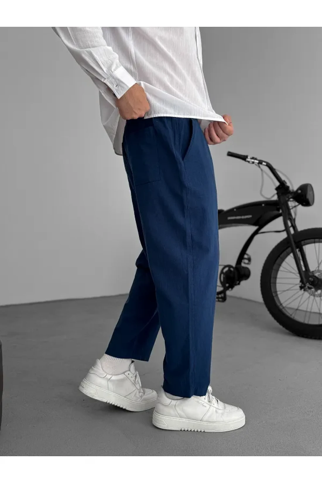 BYBASICMAN Navy Blue Loose Fit Linen Trousers Jj-181