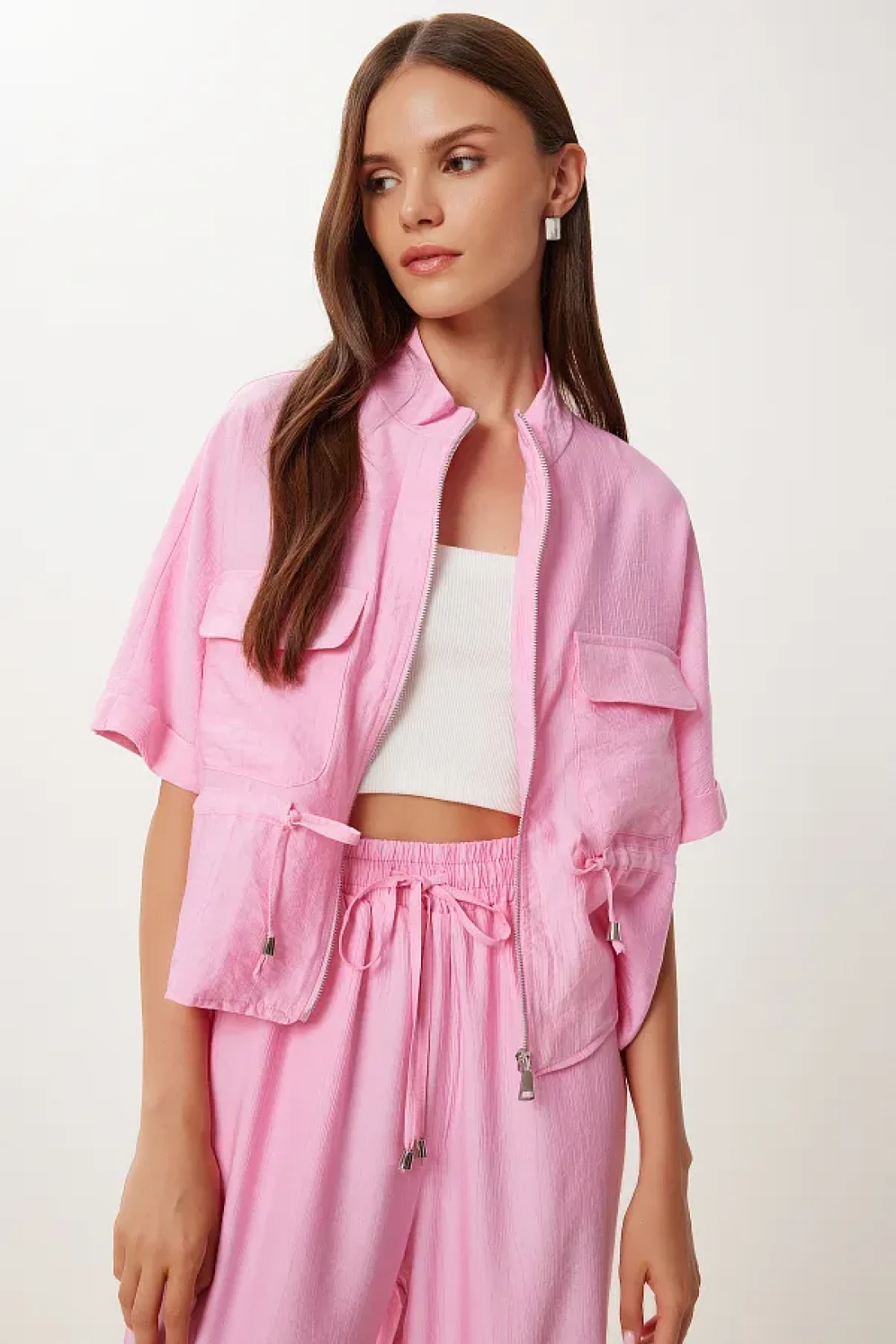 Lovelyİstanbul Crinkle Effect Jacket Pants Suit Dark Pink Ldp0053