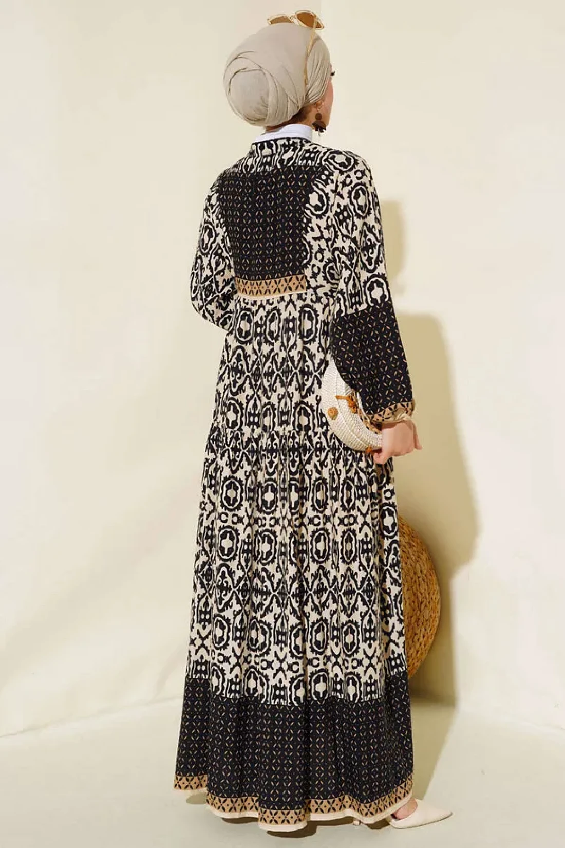 Bigdart Women's Black Cream Patterned Viscose Hijab Dress 2423