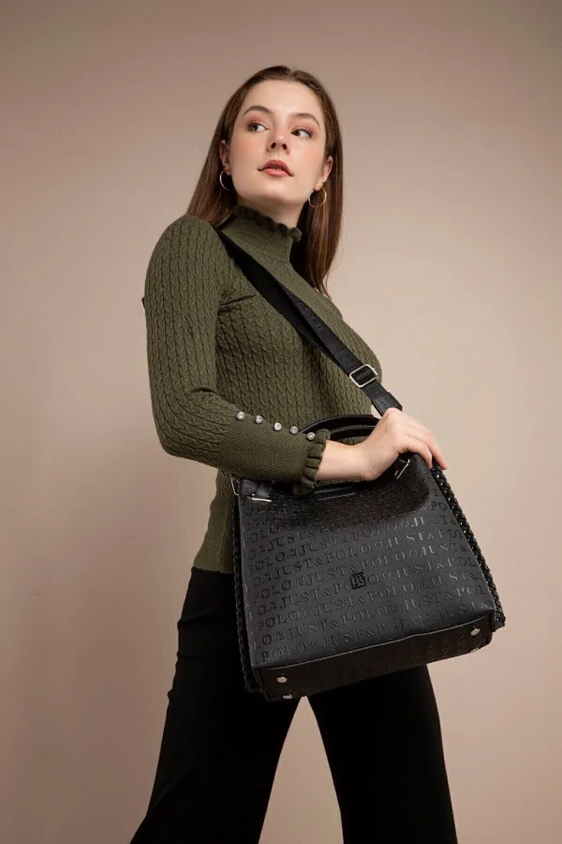 Just Polo Large Size Daily Women's Shoulder Bag - 4 Compartments, Back Pocket, Hand Knitted, Wallet Gift 33X26 cm 2180